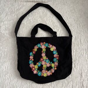 Floral Peace Sign Black Tote Bag
